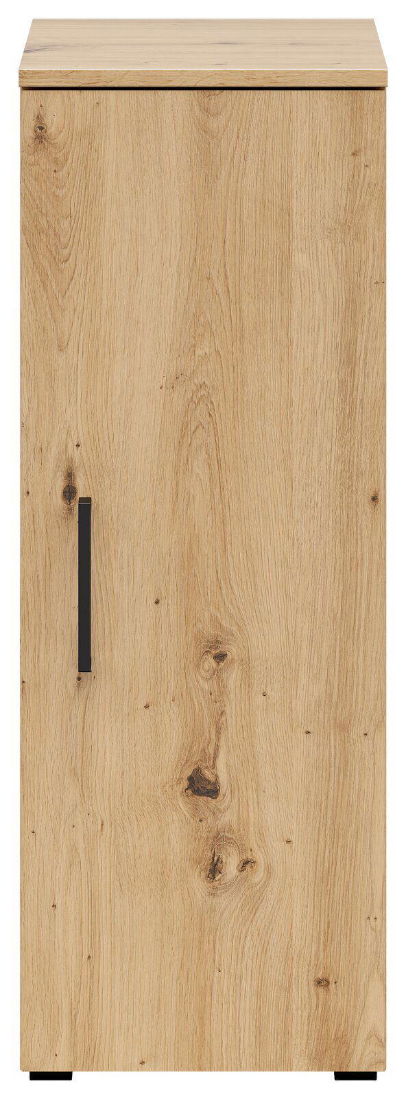 Frontansicht eines Mehrzweckschranks aus Holz mit einer Tür und einem schwarzen Griff.