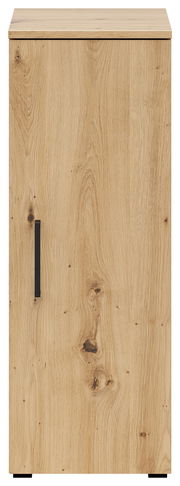 Frontansicht eines Mehrzweckschranks aus Holz mit einer Tür und einem schwarzen Griff.