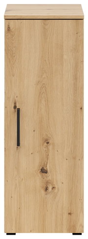 Frontansicht eines Mehrzweckschranks aus Holz mit einer Tür und einem schwarzen Griff.