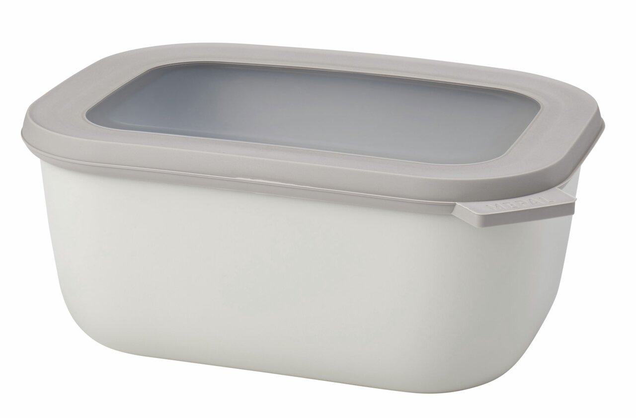 Rechteckige Multischüssel Cirqula mit grauem Deckel, seitliche Perspektive