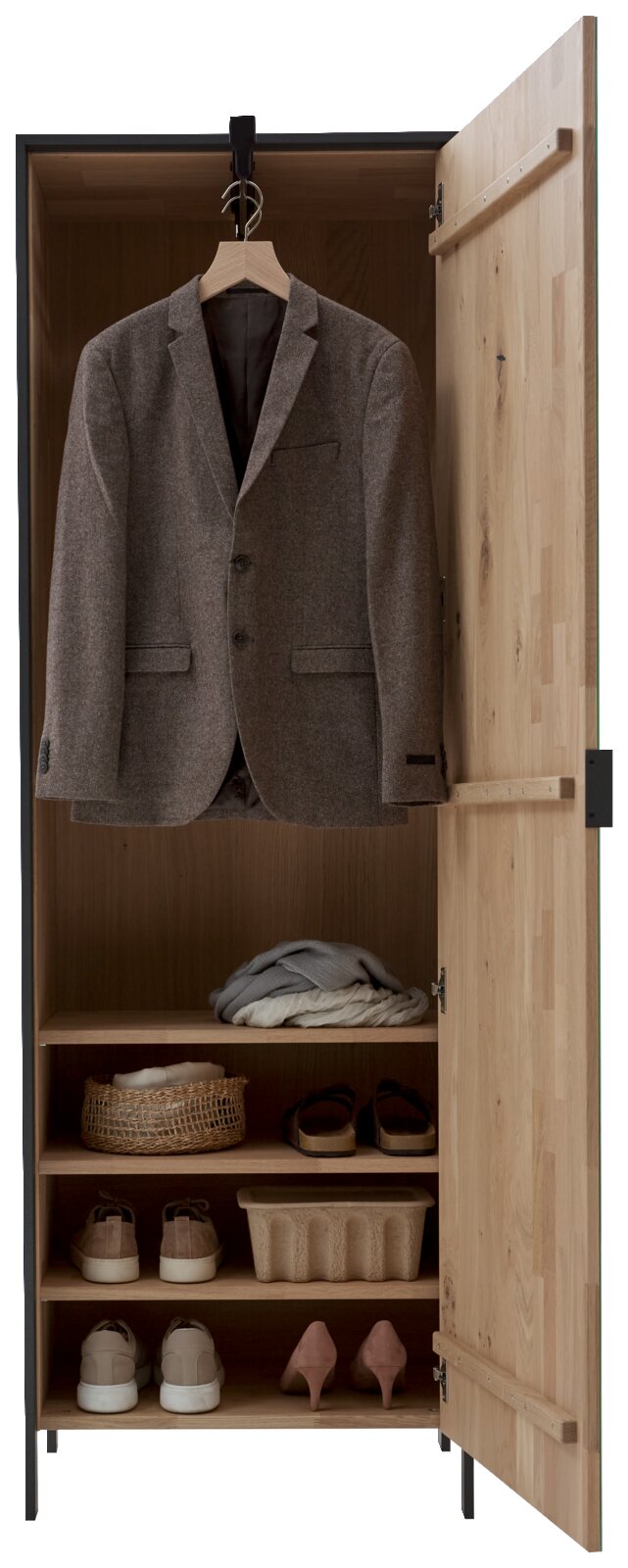 Garderobenschrank mit Spiegel, geöffnete Tür, zeigt Innenraum mit hängendem Sakko, Regalböden mit Schuhen und Körben, aus Holz, Frontalansicht