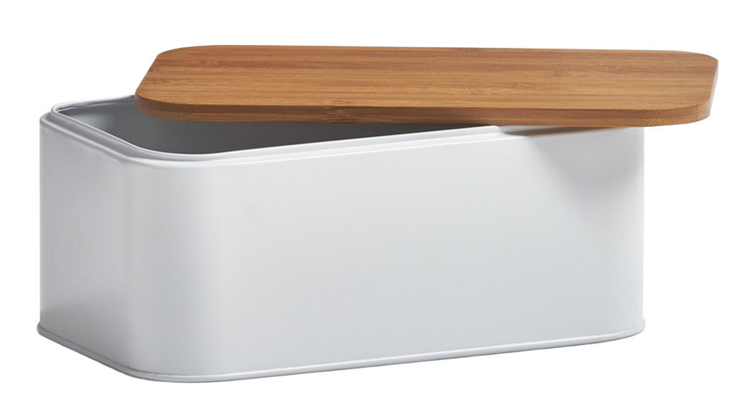 Weißer Brotkasten mit Holzdeckel, seitliche Perspektive