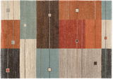 Frisé-Teppich mit geometrischem Muster in Rot-, Braun- und Beigetönen, Draufsicht