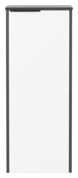 Frontansicht eines modernen Highboards mit weißer Tür und dunklem Rahmen.