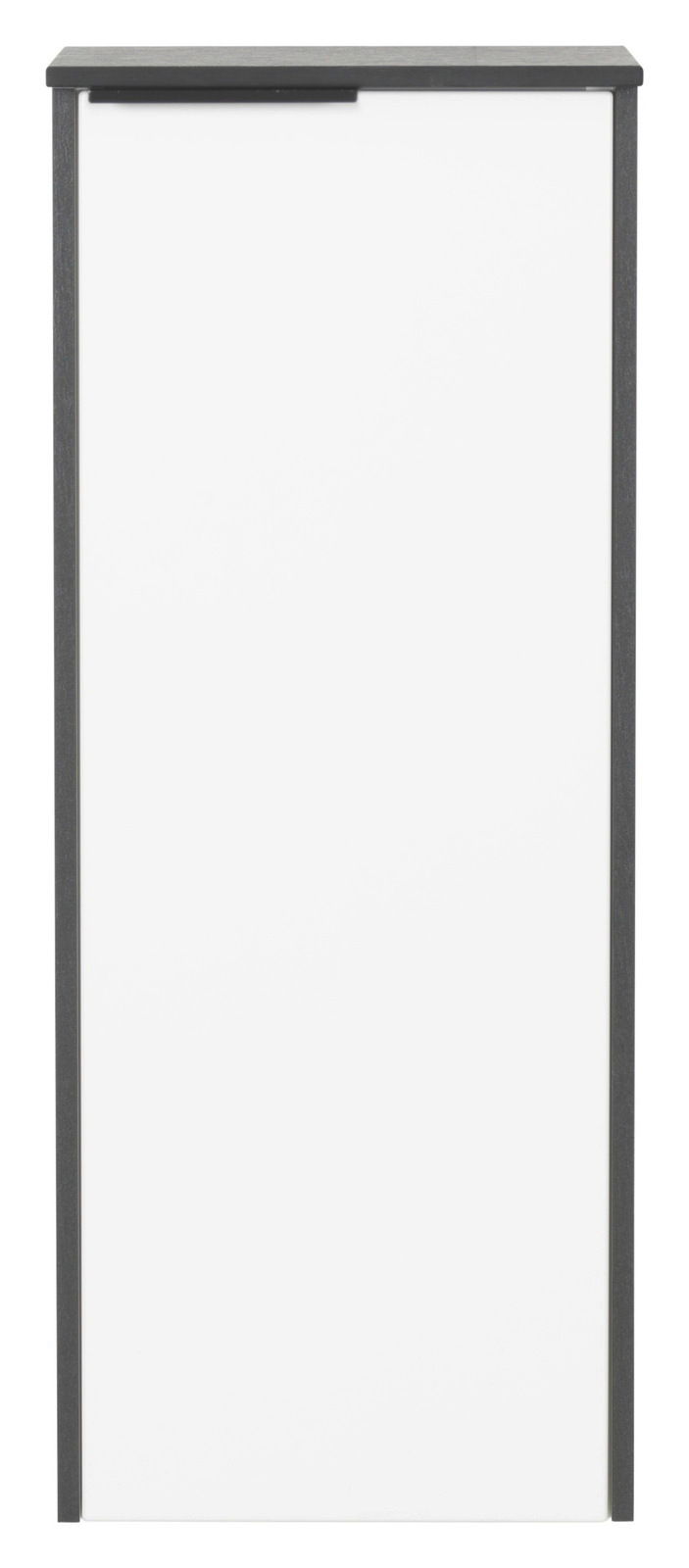 Frontansicht eines modernen Highboards mit weißer Tür und dunklem Rahmen.