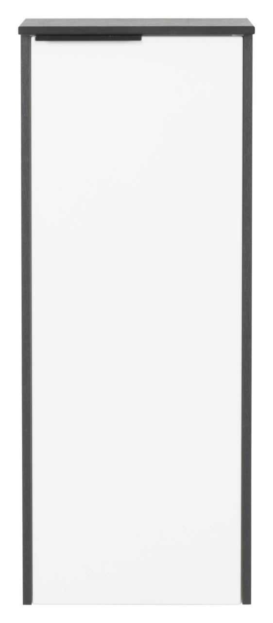 Voleo Highboard STELLA Frontansicht eines modernen Highboards mit weißer Tür und dunklem Rahmen.