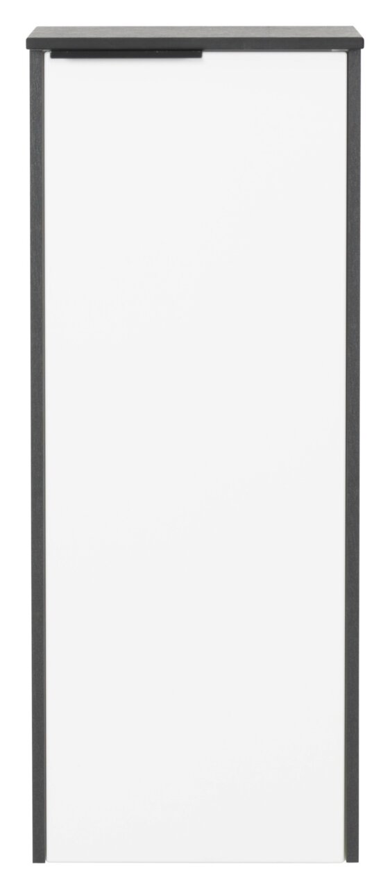 Frontansicht eines modernen Highboards mit weißer Tür und dunklem Rahmen.