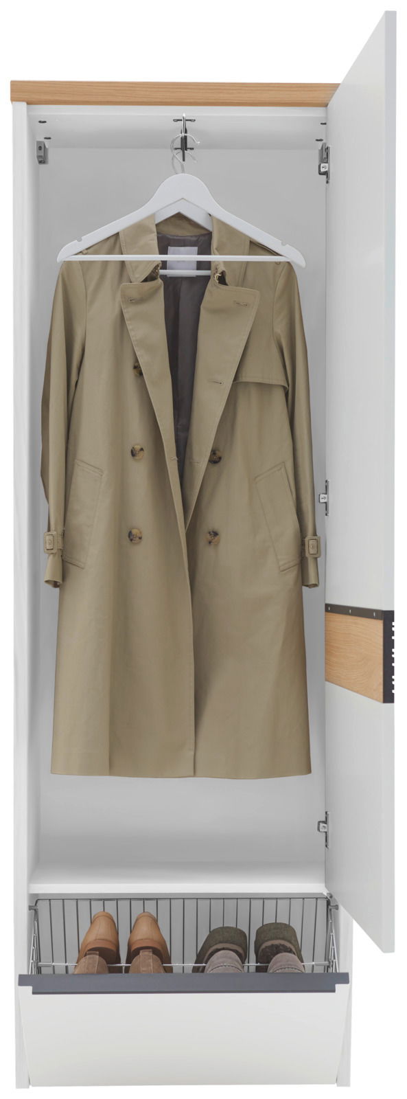 Hängender Garderobenschrank mit geöffneter Tür, zeigt einen beigen Mantel auf einem Kleiderbügel und darunter ein Schuhregal mit Schuhen, Frontalansicht.