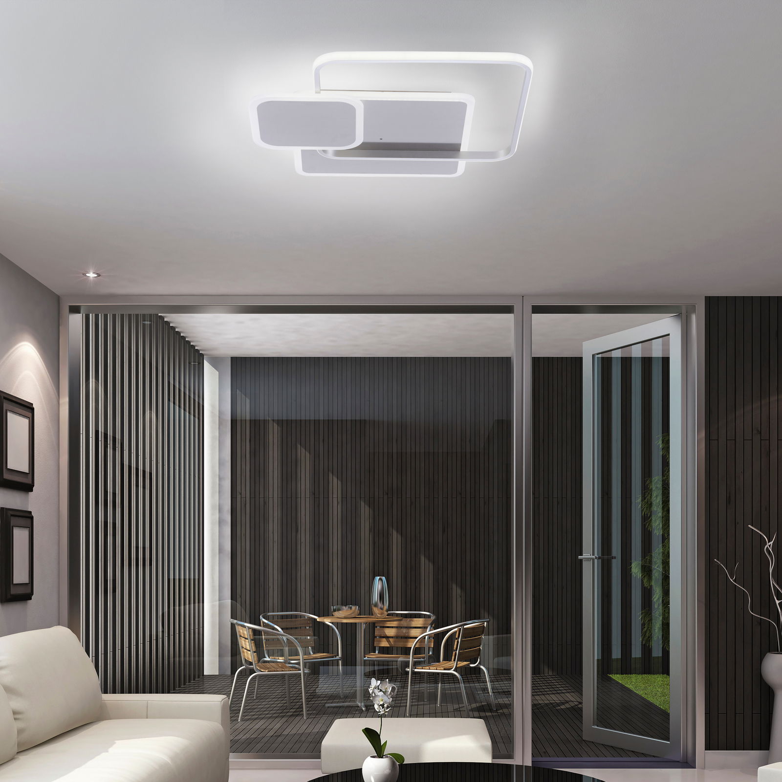 Moderne Deckenleuchte mit geometrischem Design, von unten betrachtet in einem stilvollen Wohnzimmer.