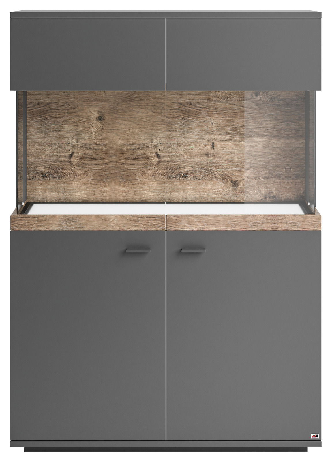 Frontansicht des Highboards Set one by Musterring Lancaster in dunklem Grau mit Holzoptik-Elementen.