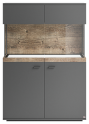 Frontansicht des Highboards Set one by Musterring Lancaster in dunklem Grau mit Holzoptik-Elementen.