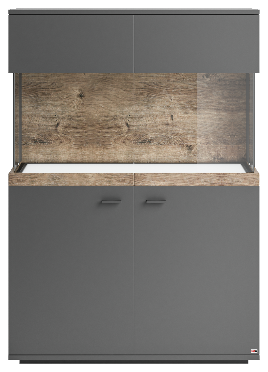 Frontansicht des Highboards Set one by Musterring Lancaster in dunklem Grau mit Holzoptik-Elementen.