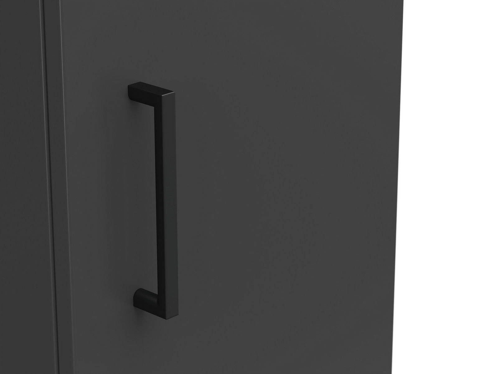 Nahaufnahme eines schwarzen Mehrzweckschranks mit modernem Griff, seitliche Perspektive