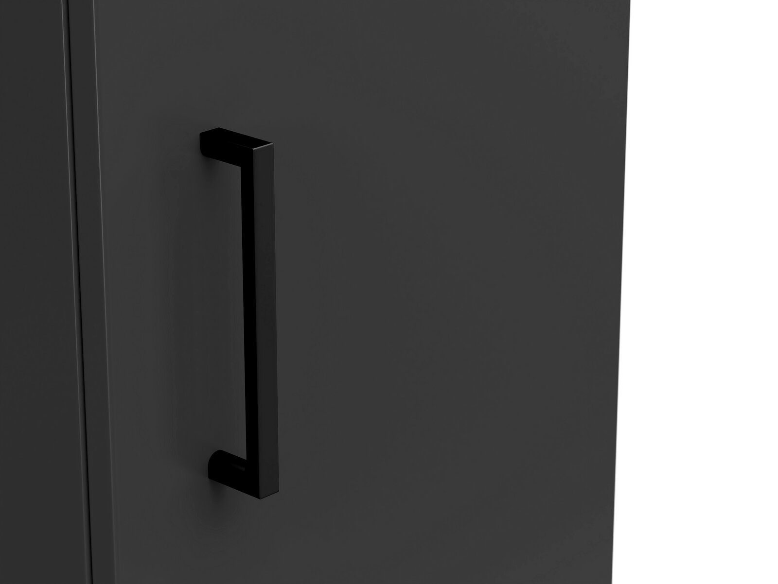 Nahaufnahme eines schwarzen Mehrzweckschranks mit modernem Griff, seitliche Perspektive