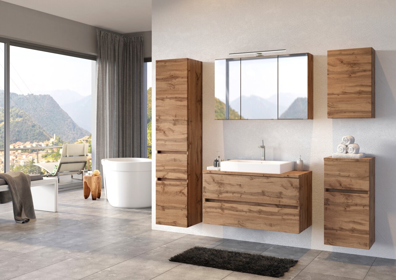 Moderner Badezimmer-Unterschrank aus Holz in einer eleganten Badezimmerumgebung, frontal betrachtet.