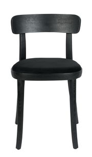 Schwarzer Holzstuhl mit gepolsterter Sitzfläche, Frontalansicht