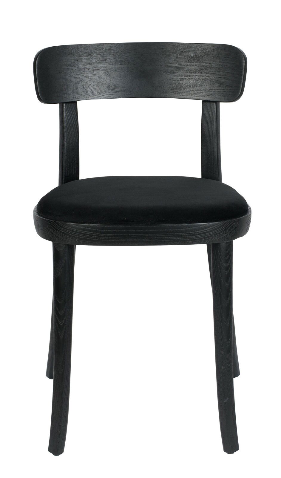 Schwarzer Holzstuhl mit gepolsterter Sitzfläche, Frontalansicht