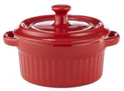 Rote Mini-Cocotte aus Keramik mit Deckel, seitliche Perspektive