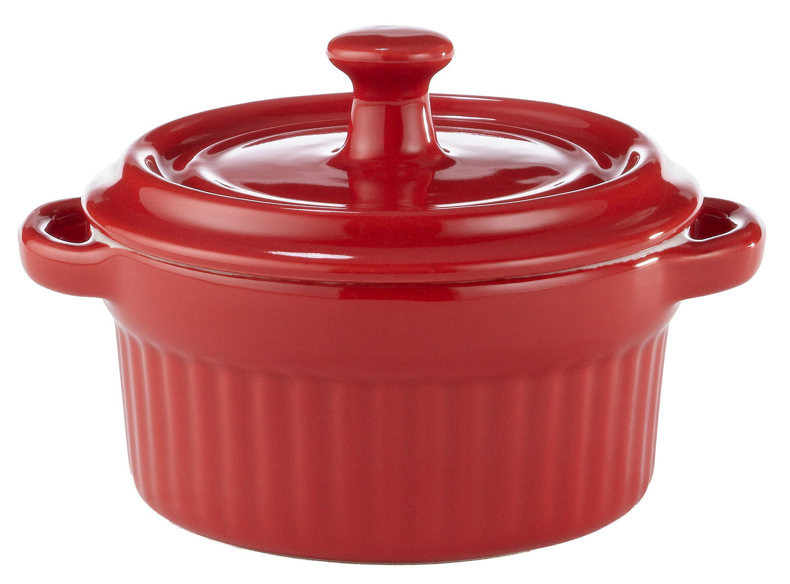 Rote Mini-Cocotte aus Keramik mit Deckel, seitliche Perspektive