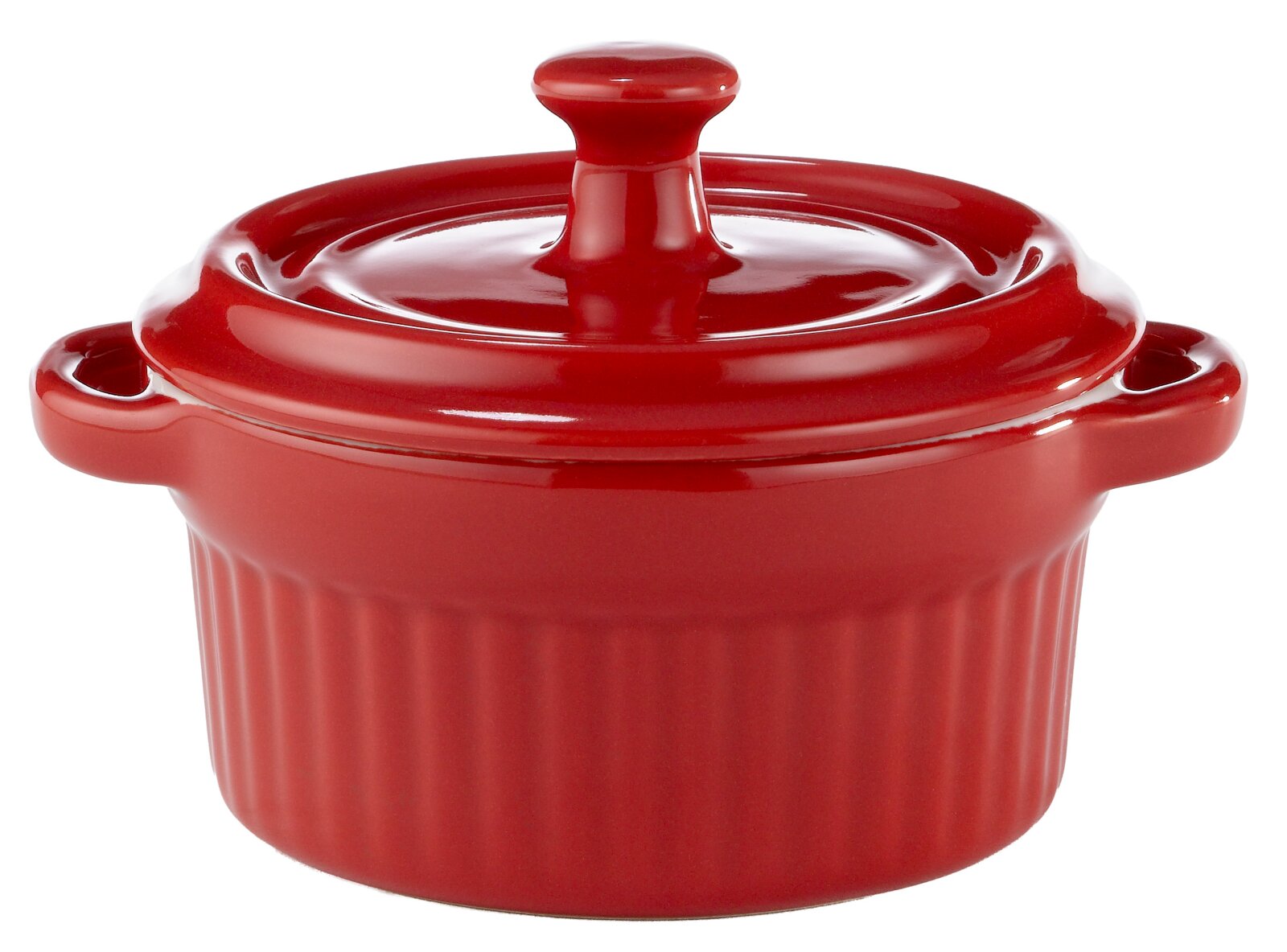 Rode mini-cocotte van keramiek met deksel, zijaanzicht