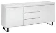 Weißes Sideboard mit zwei Türen und drei Schubladen, seitliche Perspektive