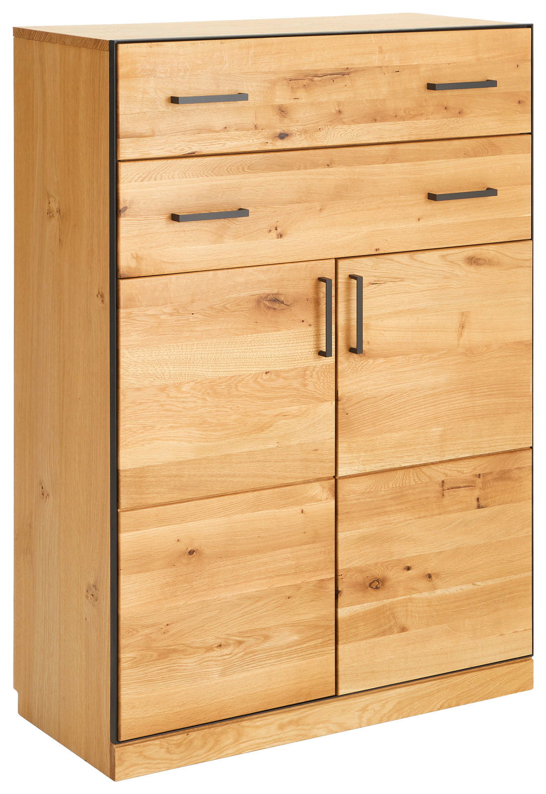 Hochkommode aus Holz mit zwei Schubladen und zwei Türen, seitliche Perspektive