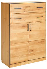 Hochkommode aus Holz mit zwei Schubladen und zwei Türen, seitliche Perspektive