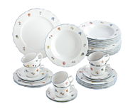 Kombiservice Sonate 30-tlg. mit floralem Muster, bestehend aus Tellern, Tassen und Untertassen, aus der Vogelperspektive.