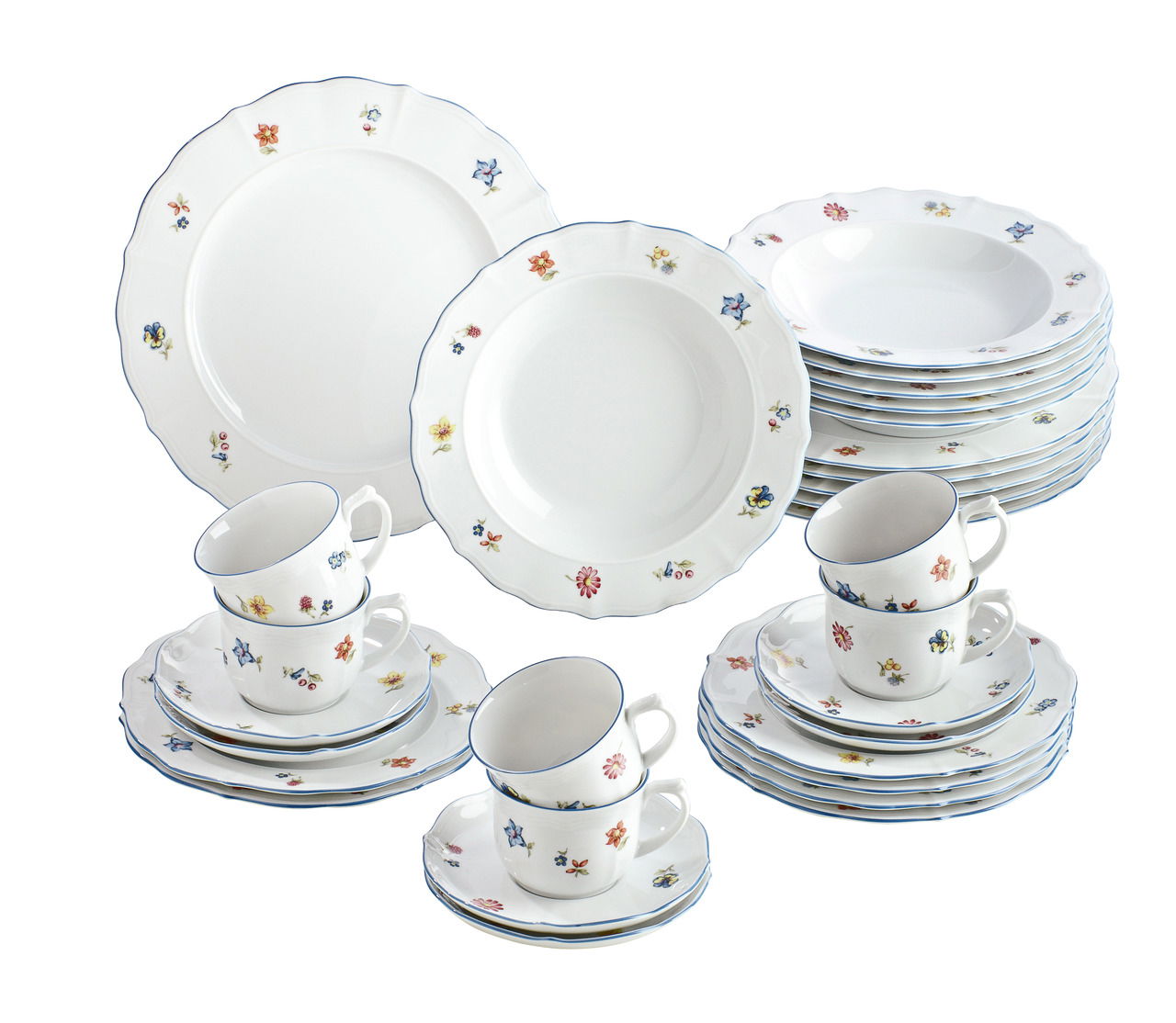 Kombiservice Sonate 30-tlg. mit floralem Muster, bestehend aus Tellern, Tassen und Untertassen, aus der Vogelperspektive.