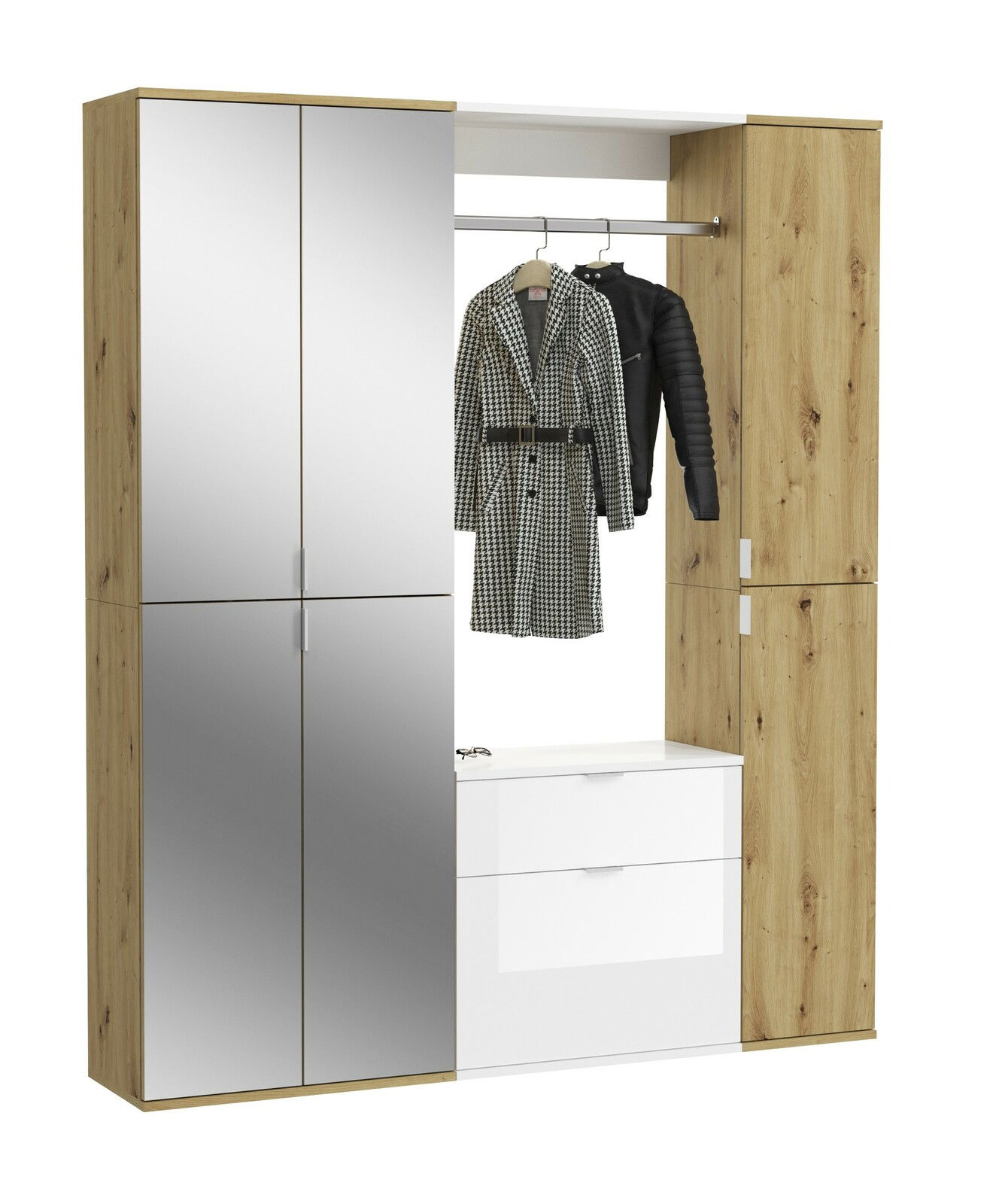 MID.YOU Garderobenkombination PROJEKT X Garderobenkombination mit Holz- und Spiegelelementen, frontal betrachtet. In der Mitte befindet sich eine Kleiderstange mit zwei aufgehängten Jacken.