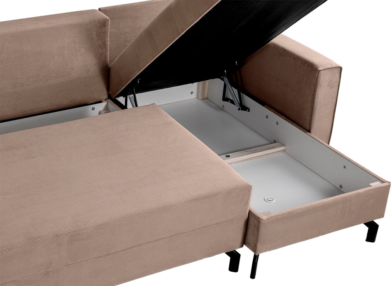 Schlafsofa L-Form rechts mit geöffneter Stauraumfunktion, seitliche Perspektive