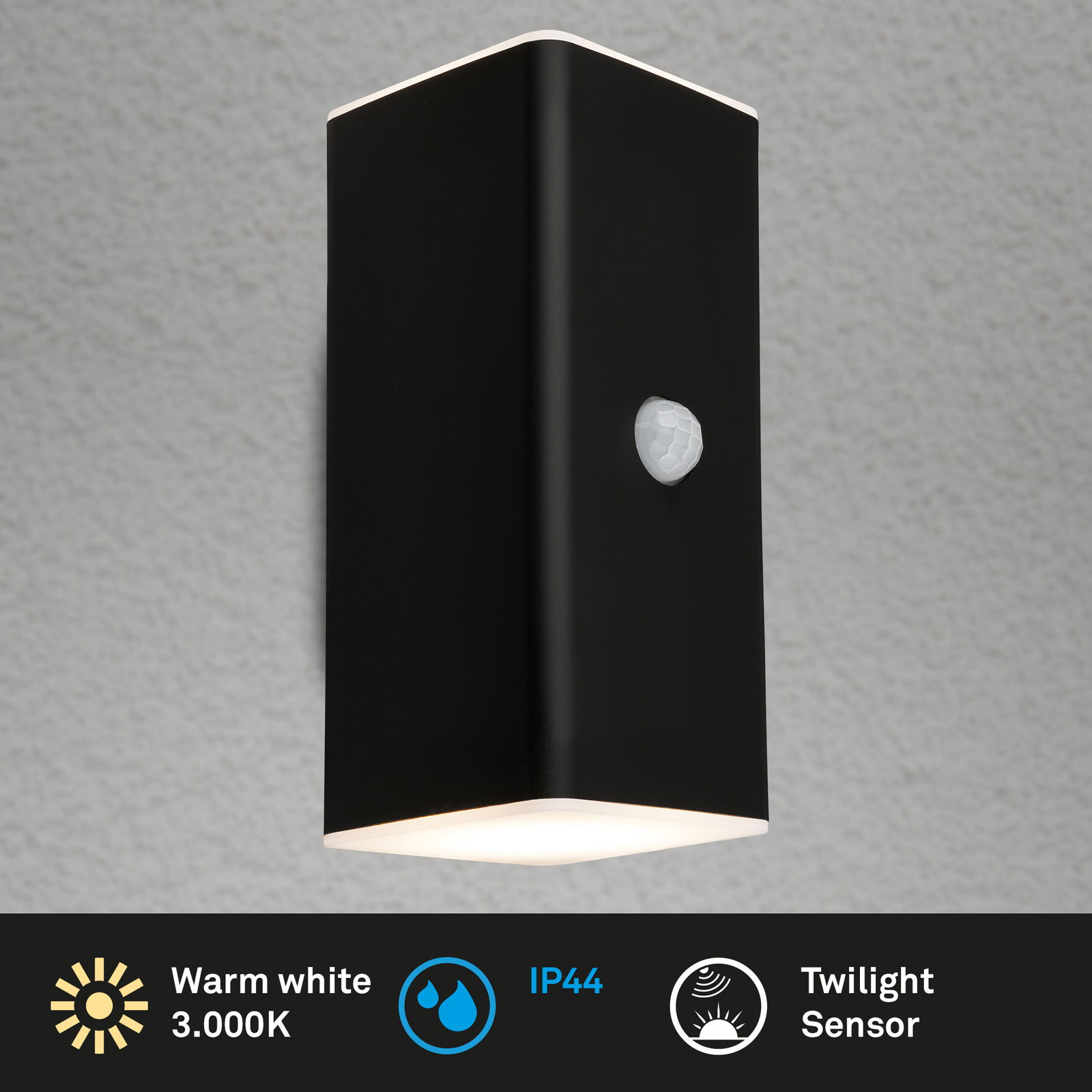 Schwarze Akku-Außenwandleuchte mit warmweißem Licht, IP44-Schutz und Dämmerungssensor, seitliche Perspektive