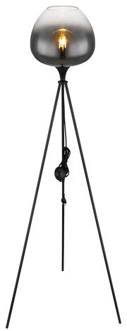 Moderne Stehleuchte MAXY mit dreibeinigem Stativ und rauchgrauem Glasschirm, frontal betrachtet.