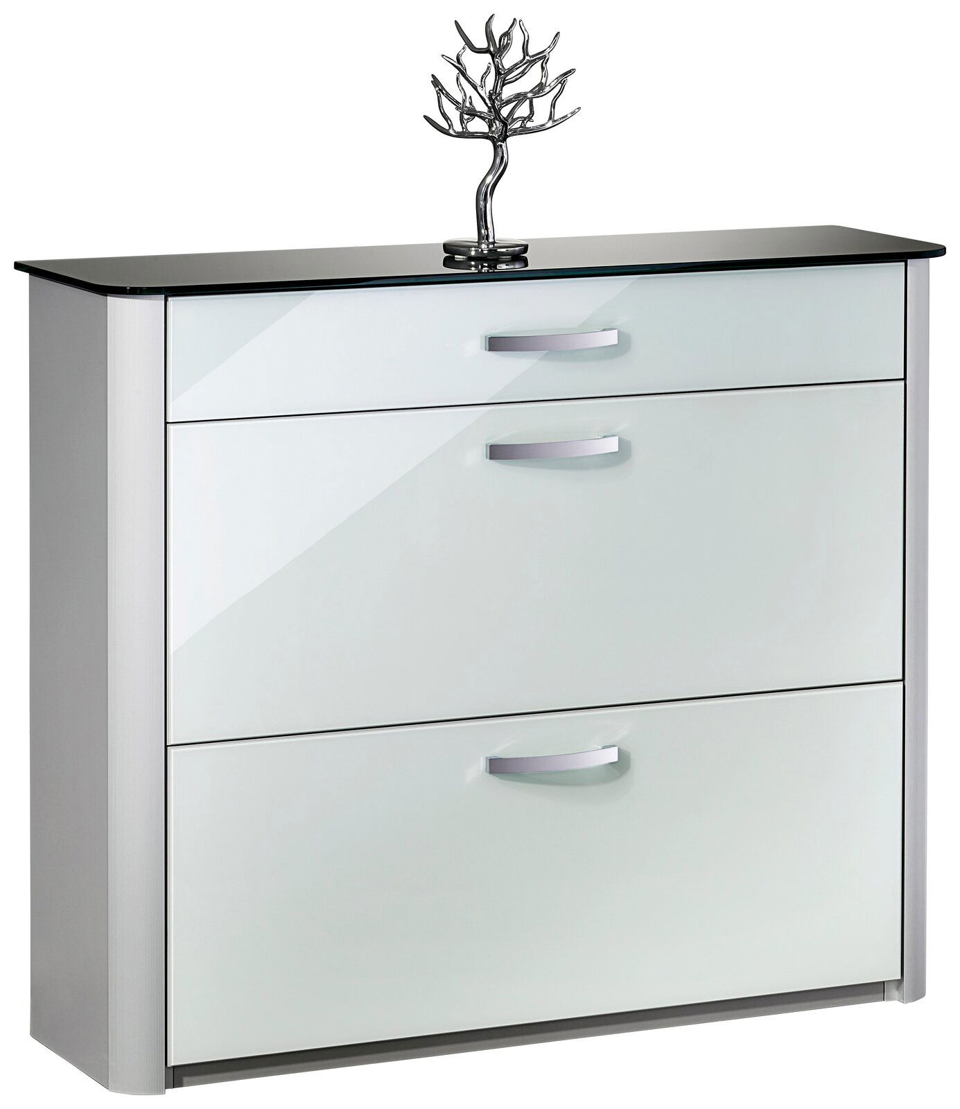 Moderano Schuhschrank MILANO Moderner Schuhschrank mit glänzender Glasfront und Metallgriffen, frontal fotografiert.