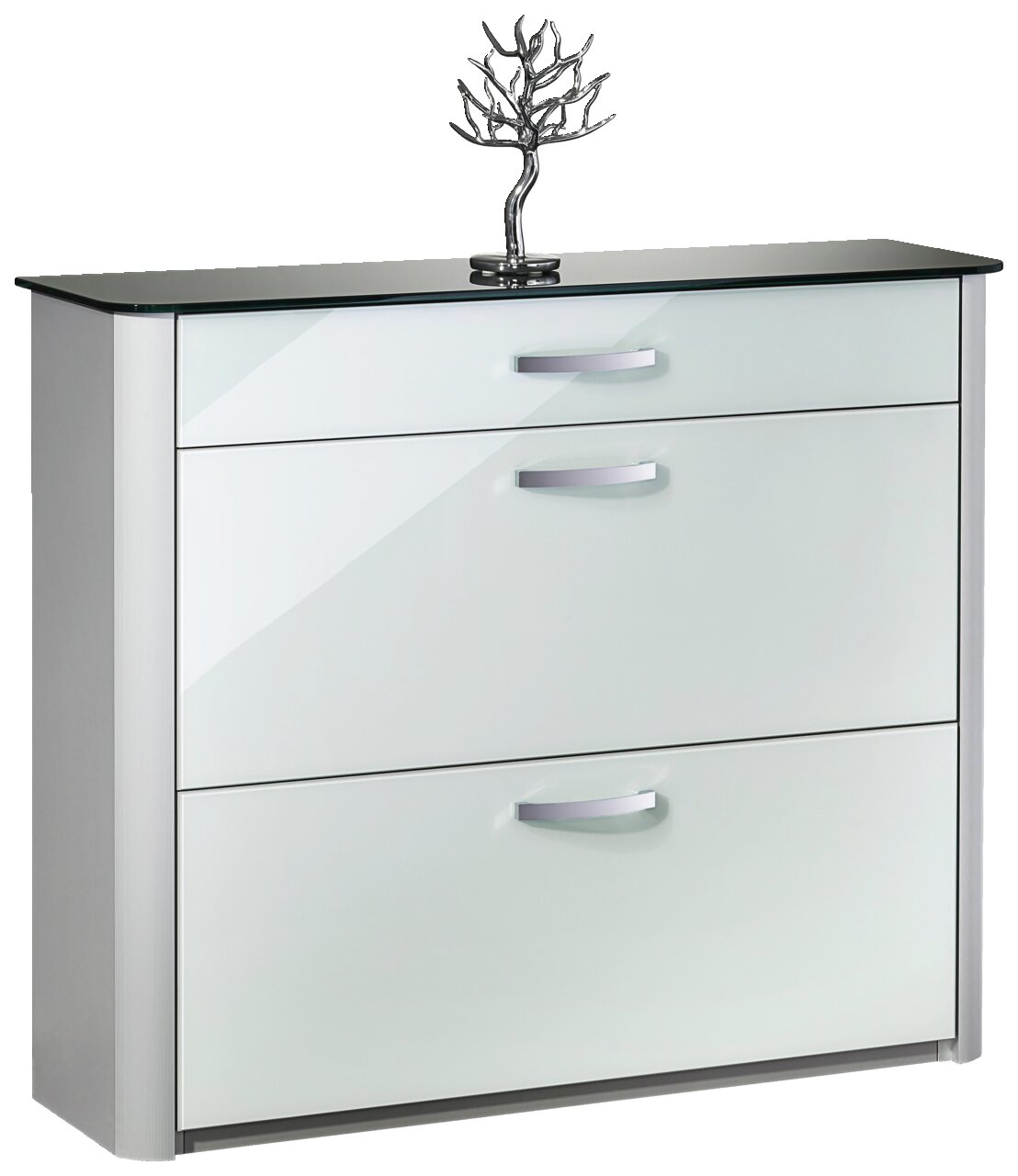Moderner Schuhschrank mit glänzender Glasfront und Metallgriffen, frontal fotografiert.
