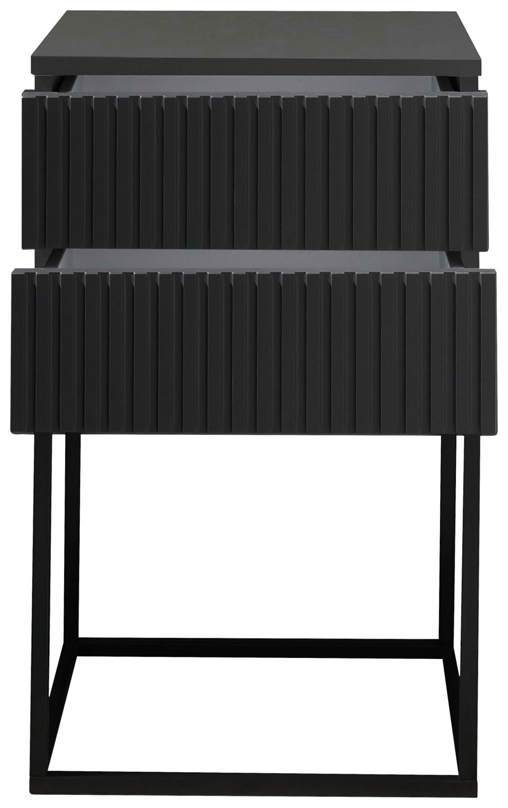 Moderne schwarze Nachtkommode mit geriffelter Frontansicht und Metallrahmen, Frontalansicht