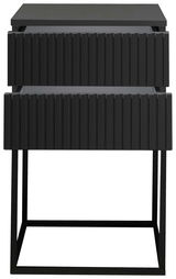 Moderne schwarze Nachtkommode mit geriffelter Frontansicht und Metallrahmen, Frontalansicht