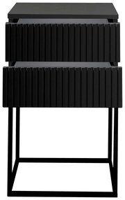 Moderne schwarze Nachtkommode mit geriffelter Frontansicht und Metallrahmen, Frontalansicht