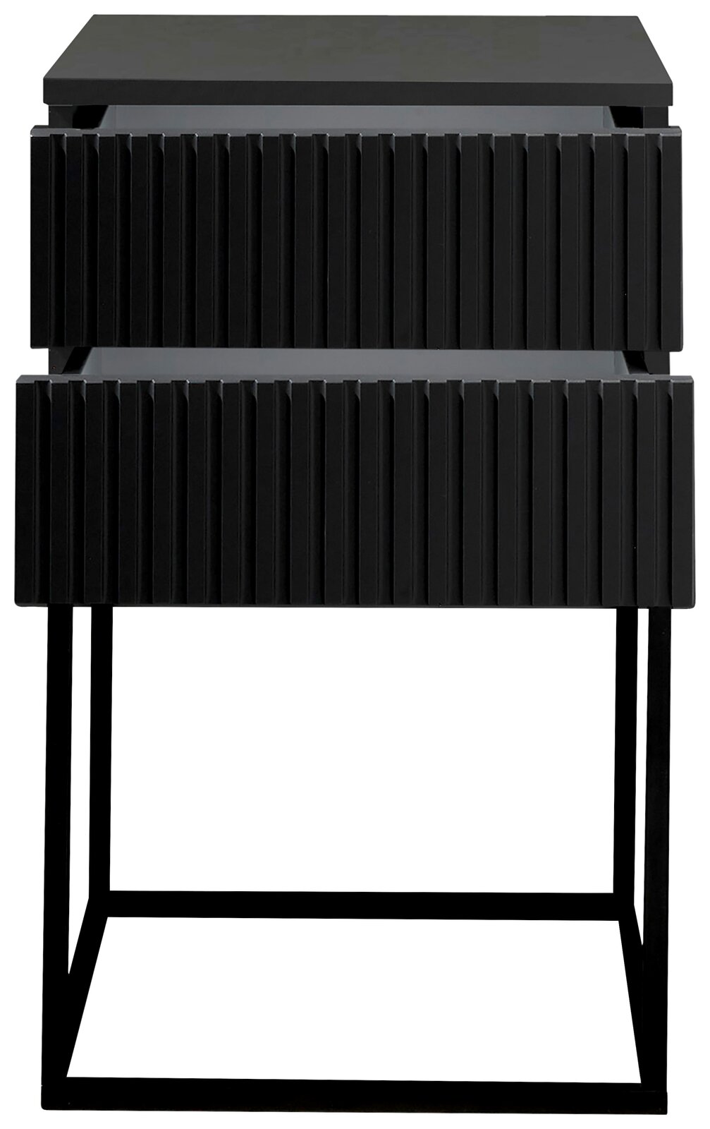 Moderne schwarze Nachtkommode mit geriffelter Frontansicht und Metallrahmen, Frontalansicht