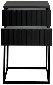 Moderne schwarze Nachtkommode mit geriffelter Frontansicht und Metallrahmen, Frontalansicht