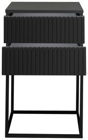 Moderne schwarze Nachtkommode mit geriffelter Frontansicht und Metallrahmen, Frontalansicht