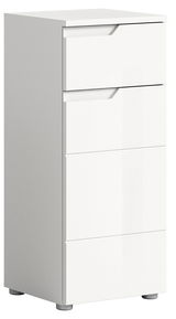 Weißer Standschrank mit drei Schubladen, seitliche Perspektive