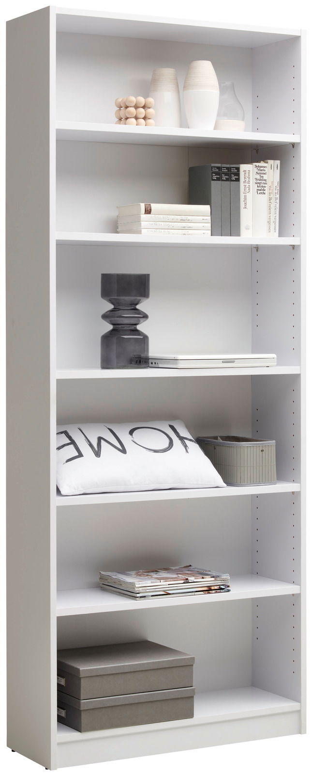 Carryhome Regal MILLY Weißes Regal Carryhome Regal MILLY mit fünf Einlegeböden, dekoriert mit Büchern, Vasen und Kissen, seitliche Perspektive