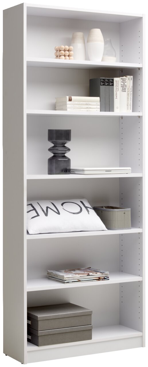 Carryhome Plank MILLY Witte Carryhome MILLY-boekenkast met vijf planken, versierd met boeken, vazen en kussens, zijaanzicht