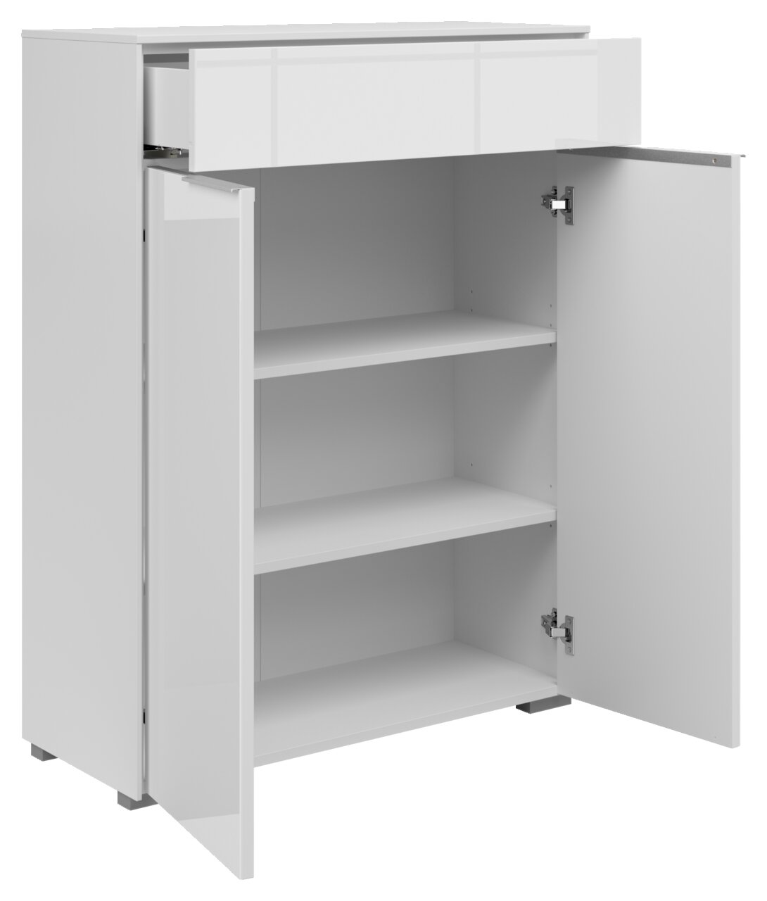 Weiße Kommode mit zwei offenen Türen und einer geöffneten Schublade, Frontansicht