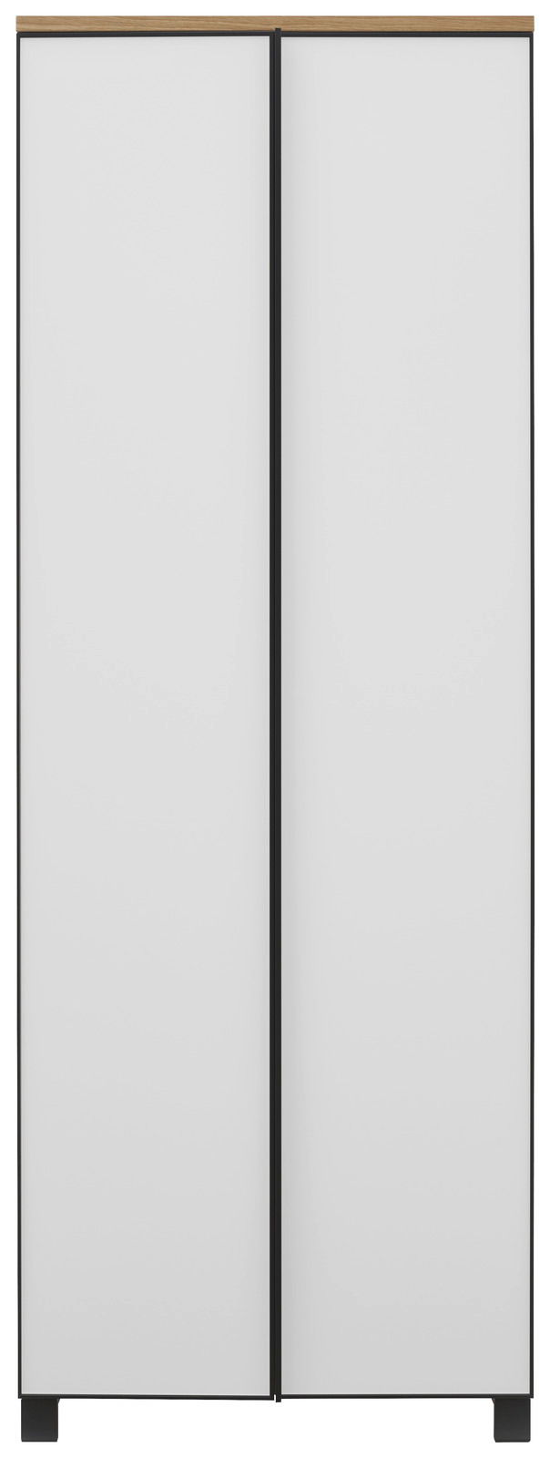 Moderner Garderobenschrank mit zwei weißen Türen und schwarzem Rahmen, Frontalansicht