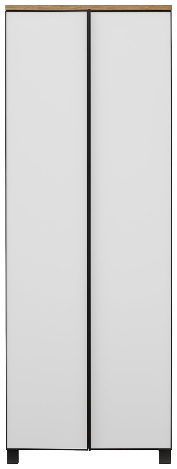 Moderner Garderobenschrank mit zwei weißen Türen und schwarzem Rahmen, Frontalansicht