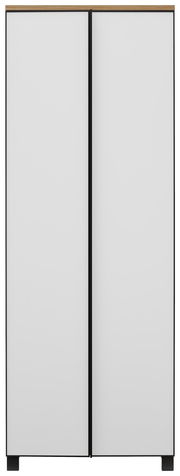 Moderner Garderobenschrank mit zwei weißen Türen und schwarzem Rahmen, Frontalansicht