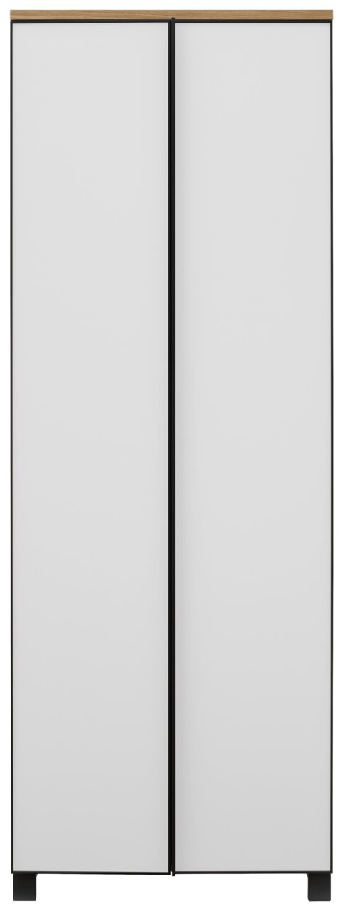 Moderner Garderobenschrank mit zwei weißen Türen und schwarzem Rahmen, Frontalansicht