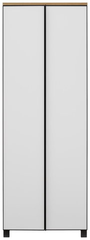 Moderner Garderobenschrank mit zwei weißen Türen und schwarzem Rahmen, Frontalansicht